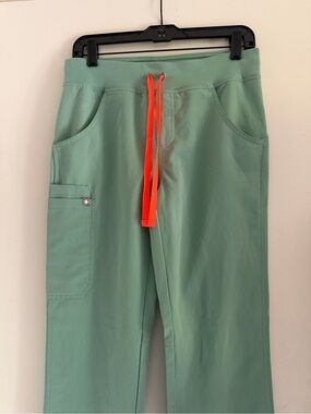 Figs Scrubs Kade Pants XS Jade Green with Neon Orange Tie